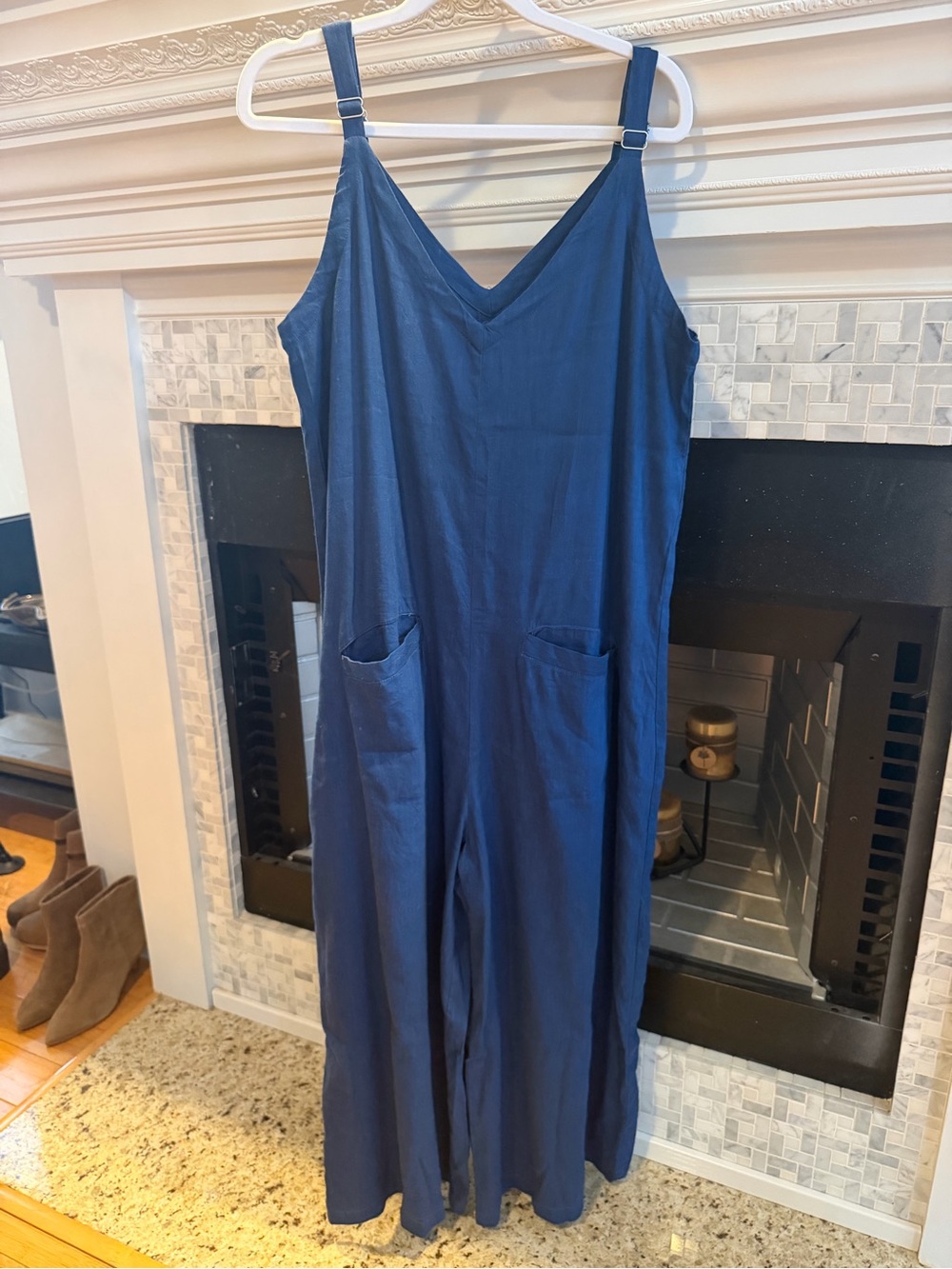 Liverpool Navy V-Neck Wide-Leg Drop Crotch Jumpsuit with Pockets